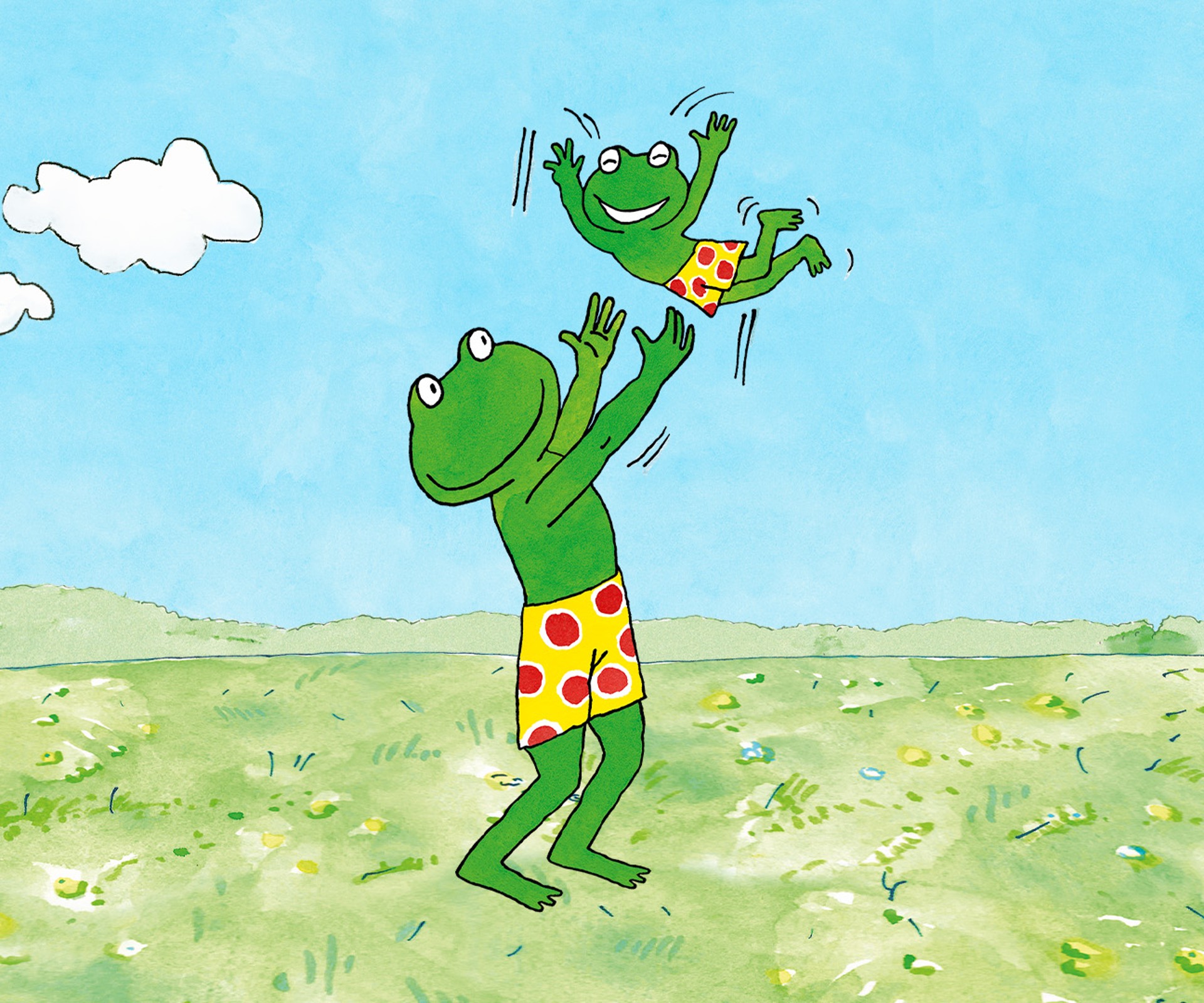 Comic Frosch Fred auf der Wiese in der Sonne