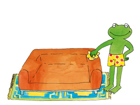 Frosch reinigt Couch