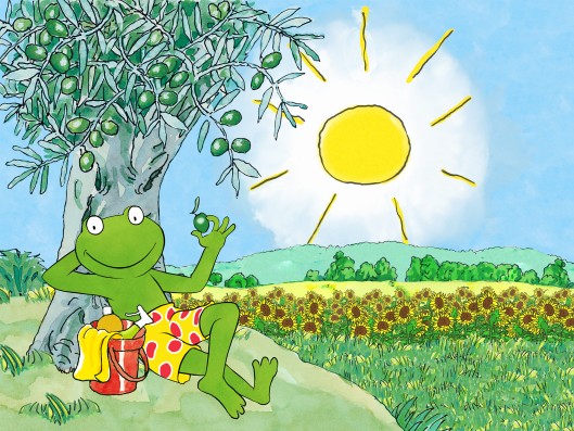 Comic Frosch Fred unter einem Olivenbaum