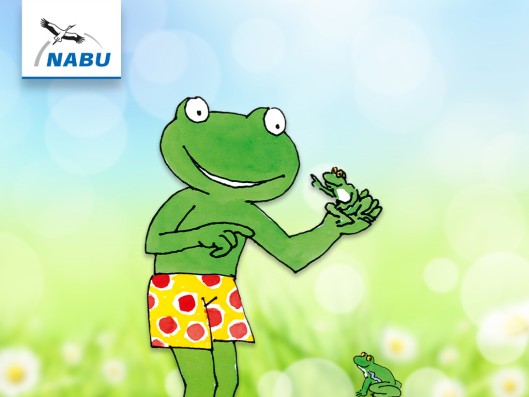 Nabu-Logo und Comicfrosch mit Slogan Frosch schützt Frösche.