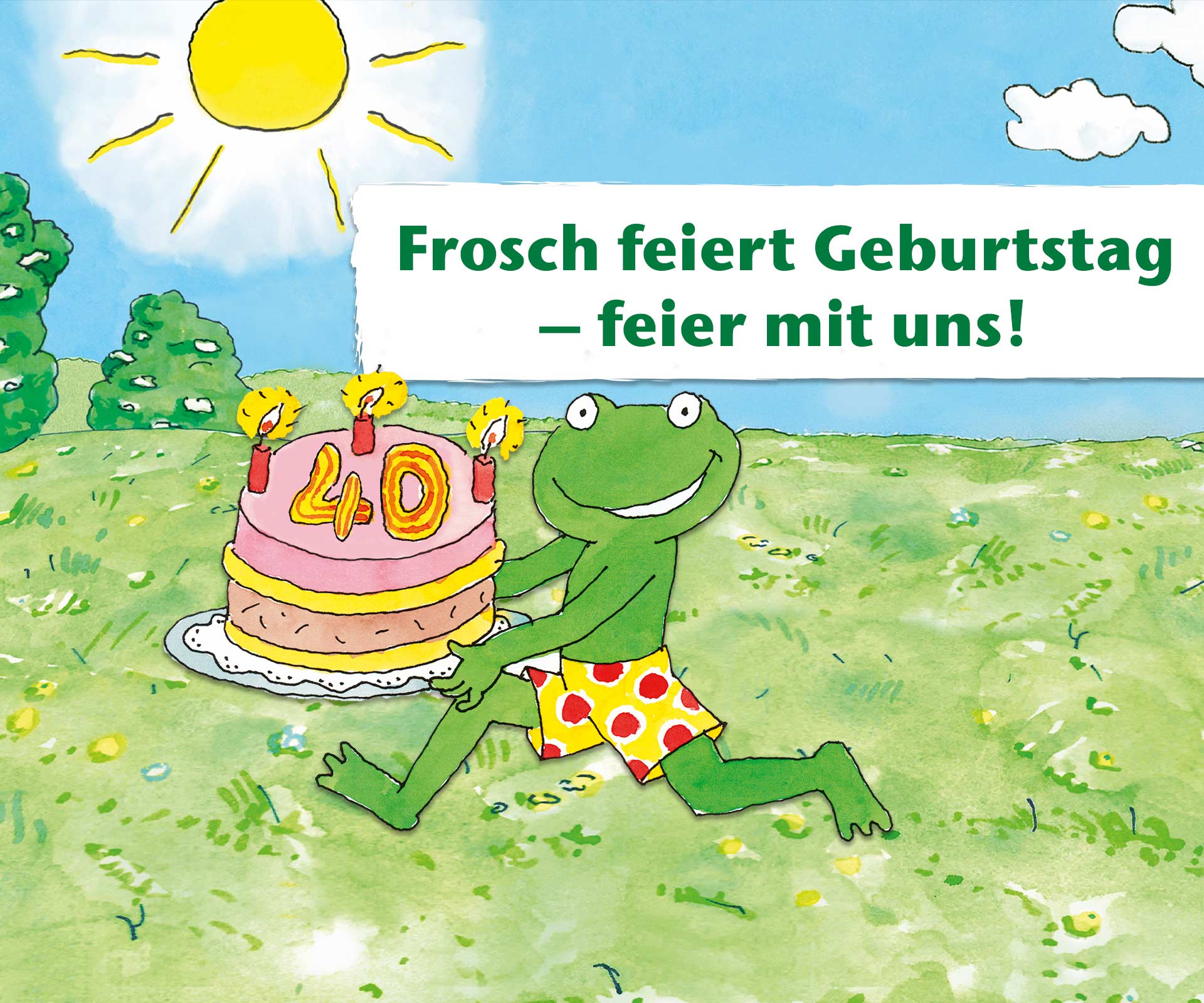 Frog with birthday cake in a flower meadow