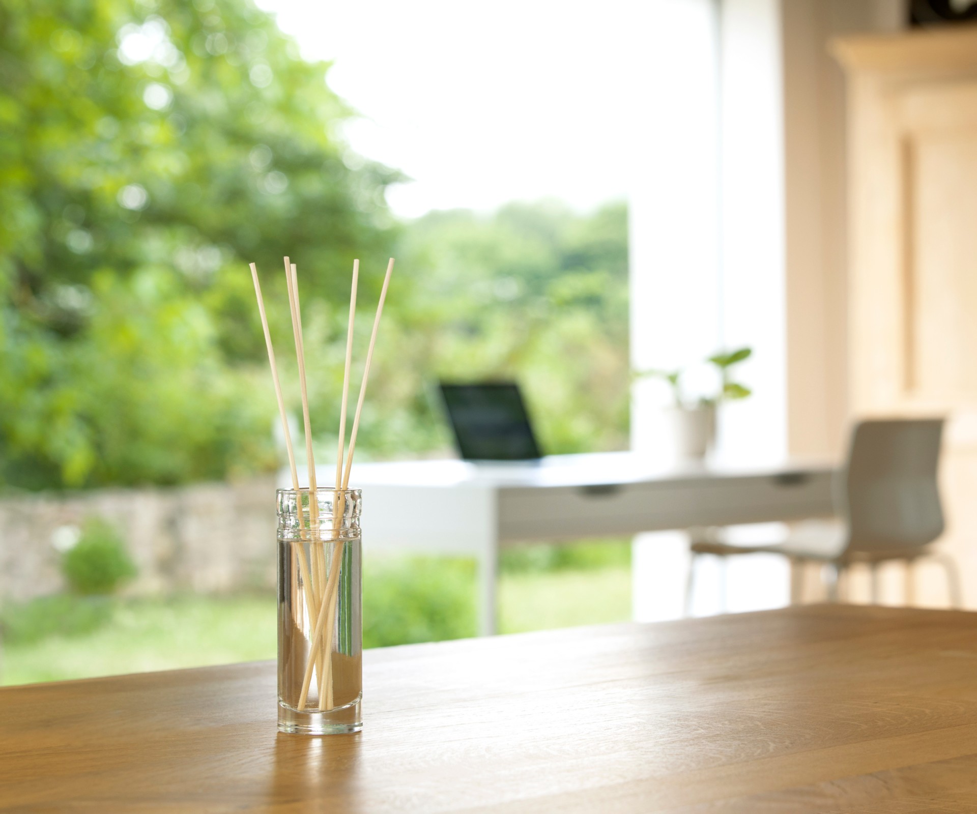 A Frosch Oase room freshener glass bottle with reed diffusers stands on a wooden table